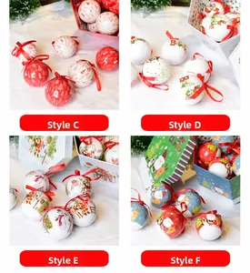 Detail of cartoon painted Christmas ball ornaments with festive patterns and gift boxes