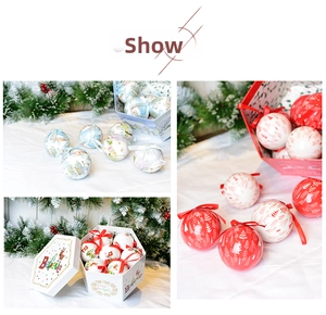 Detail of Christmas tree balls with winter scene painting in a white hexagon gift box