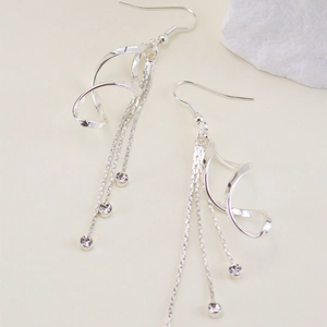 Korean Fashion Long Tassel Geometric Spiral Dangle Earrings For Women Copper Rhinestone Silver Minimalist Jewelry Gift