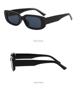 Detailed side and back view of retro rectangular sunglasses with black glossy frames