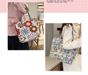 Detail of printed canvas tote bags featuring vintage floral and cartoon cat patterns
