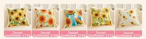 Selection of five digital print linen pillows with sunflower patterns and fringe details
