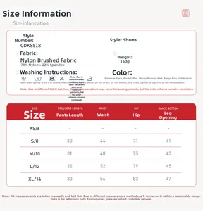 Size chart for brushed yoga shorts with detailed measurements and fabric composition
