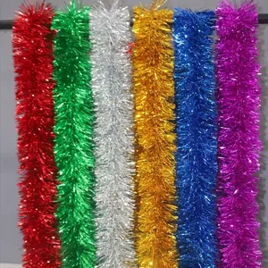 Colorful 2m shiny tinsel garlands in gold, silver, red, blue, green, and purple