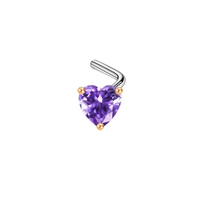 Surgical steel nose stud featuring a purple heart-shaped zircon with gold claw prongs