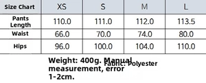 Detailed size chart for high waist trousers including length, waist, and hip measurements