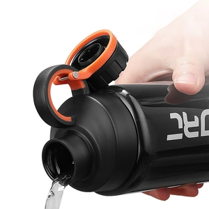 Large capacity plastic sports water bottle in black and orange with sport print and leakproof lid