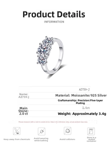 Specifications of S925 sterling silver three-stone moissanite ring with detailed dimensions