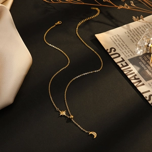 Elegant 14K gold plated stainless steel star and moon pendant necklace for women
