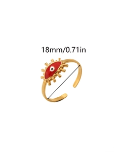 Detail shot showing 18mm inner diameter of golden evil eye ring with red enamel finish