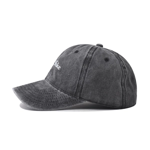 Distressed dark gray cotton baseball cap with NO JOKE white letter embroidery