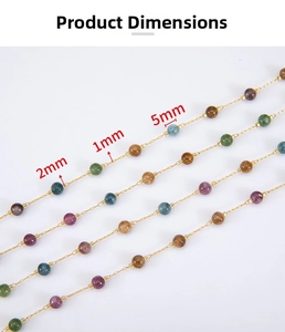 Detail of 1mm gold chain featuring 5mm colorful natural stone beads with 2mm spacing
