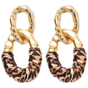 Golden geometric oval earrings with leopard print fabric wrap and hammered metal texture
