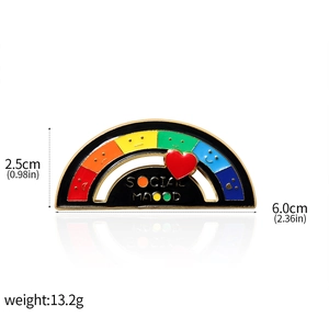 Rainbow Social Mood slider brooch in enamel with dimensions 6.0cm x 2.5cm and heart slider