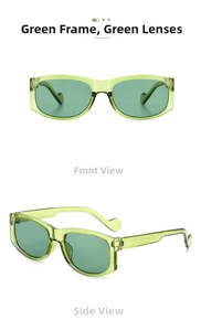 Retro translucent green rectangular sunglasses with matching lenses and side detail