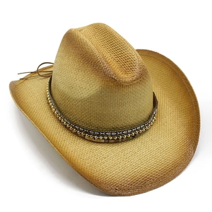Classic Western straw cowboy hat with gradient finish and tribal style decorative band