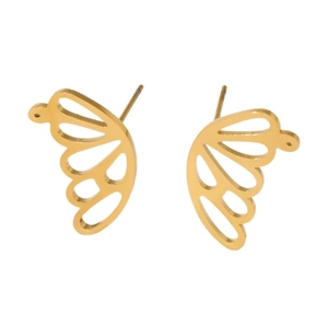 Pair of minimalist 316L gold hollow butterfly stud earrings on white background