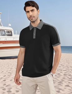 Détail du polo à manches courtes avec col et poignets gris contrastés en tissu de qualité