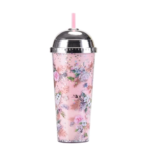 Close-up of pink leopard floral pattern with glitter and silver dome lid on 24oz cup