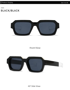 Detailansicht der schwarzen quadratischen Sonnenbrille mit weißem Bügeldesign von der Seite