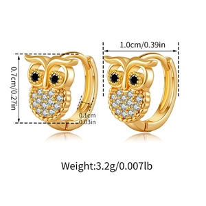 Detailed view of owl hoop earrings with cubic zirconia and size dimensions in inches