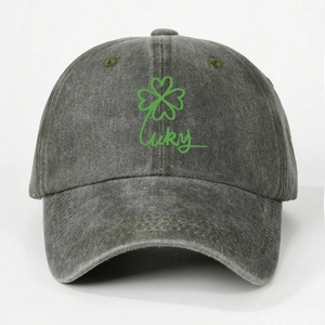 Faded grey cotton denim baseball cap with green clover and Lucky embroidery