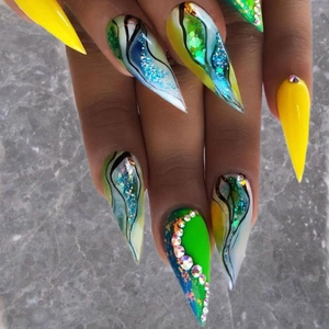 Long Stiletto Press On Nails Rhinestone Glitter Marble Smudge Artificial Fake Nail Tips With Jelly Glue And Nail File