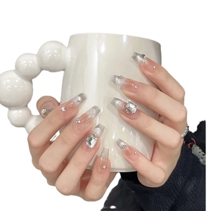 Long trapezoid cat-eye press-on nails with pink silver gradient and luxury rhinestones