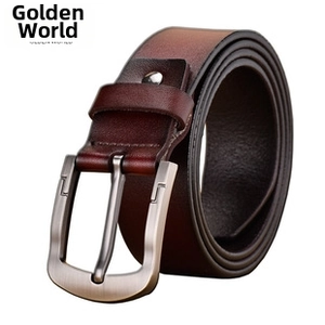 Detail of dark brown leather belt for men featuring a brushed silver pin buckle closure