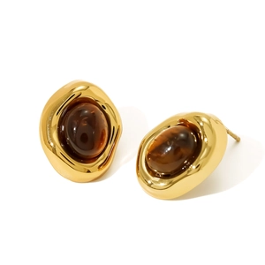 Irregular oval tiger eye stone stud earrings in gold vintage minimalist style for women