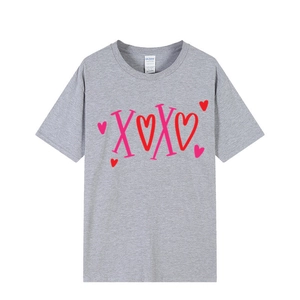 Gray unisex loose T-shirt featuring pink and red XOXO heart print for Valentine's Day