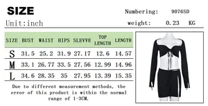 Size chart showing bust and waist for long sleeve lace-up crop top and mini skirt set