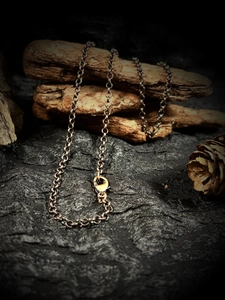 Detail of a 60cm vintage bronze chain necklace with lobster clasp on rustic wood