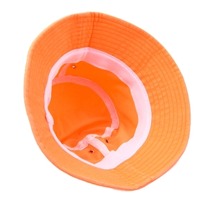 Neon orange bucket hat with breathable lining and pink interior trim detail