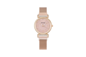 Elegant rose gold women's quartz watch with crystal accents and magnetic strap