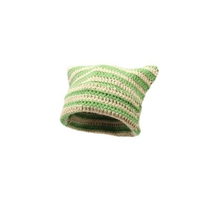 Handmade striped crochet beanie with cute cat ears in green and beige knit patterns