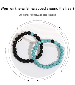 Close-up of matte black beads and turquoise stone beads on couple beaded bracelets