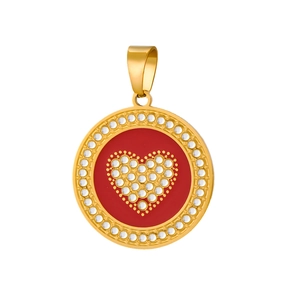 Hip hop gold plated necklace with round red heart pendant and sparkly crystal stones