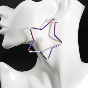 Chunky titanium steel oversized star hoop earrings with iridescent oil slick rainbow finish