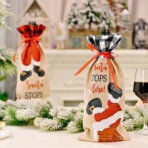 Christmas Santa Claus burlap wine bottle cover with red plaid and festive drawstring design
