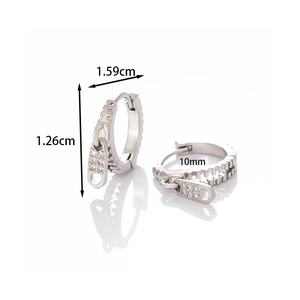 Silver zipper head earrings with cubic zirconia inlay showing dimensions of 1.26cm by 1.59cm