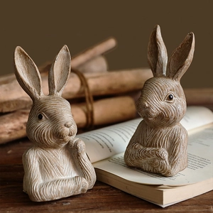 Retro resin rabbit figurines for rustic garden and home balcony decor, wood texture finish