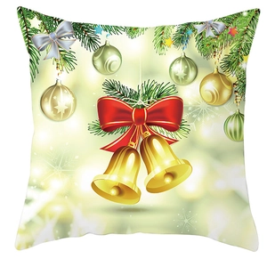 Christmas cushion cover with golden bells, red bow, pine branches and snowflake print