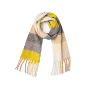 Soft and thick rainbow plaid mohair-like winter scarf featuring chunky long fringes