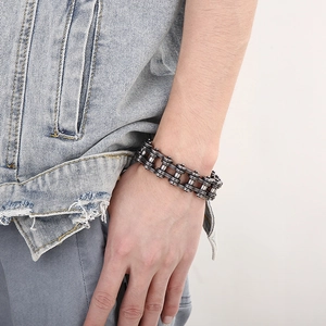 Macro shot of 18mm heavy duty biker chain bracelet on wrist with vintage finish