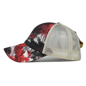 Tie-dye ponytail baseball cap with SURF print and breathable mesh back in red and black