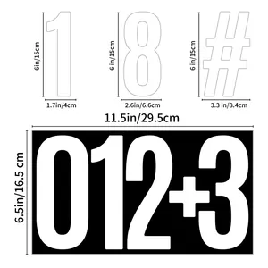 Detailed size measurement chart for 6-inch waterproof vinyl number stickers with dimensions