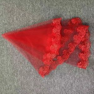 Detailed close-up of red bridal veil featuring delicate floral lace embroidery on mesh