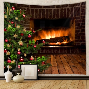 Detailed Christmas tapestry showing a warm fireplace and tree for holiday home decor