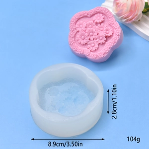 Blue flower silicone mold for handmade soap with pink floral craft and size dimensions